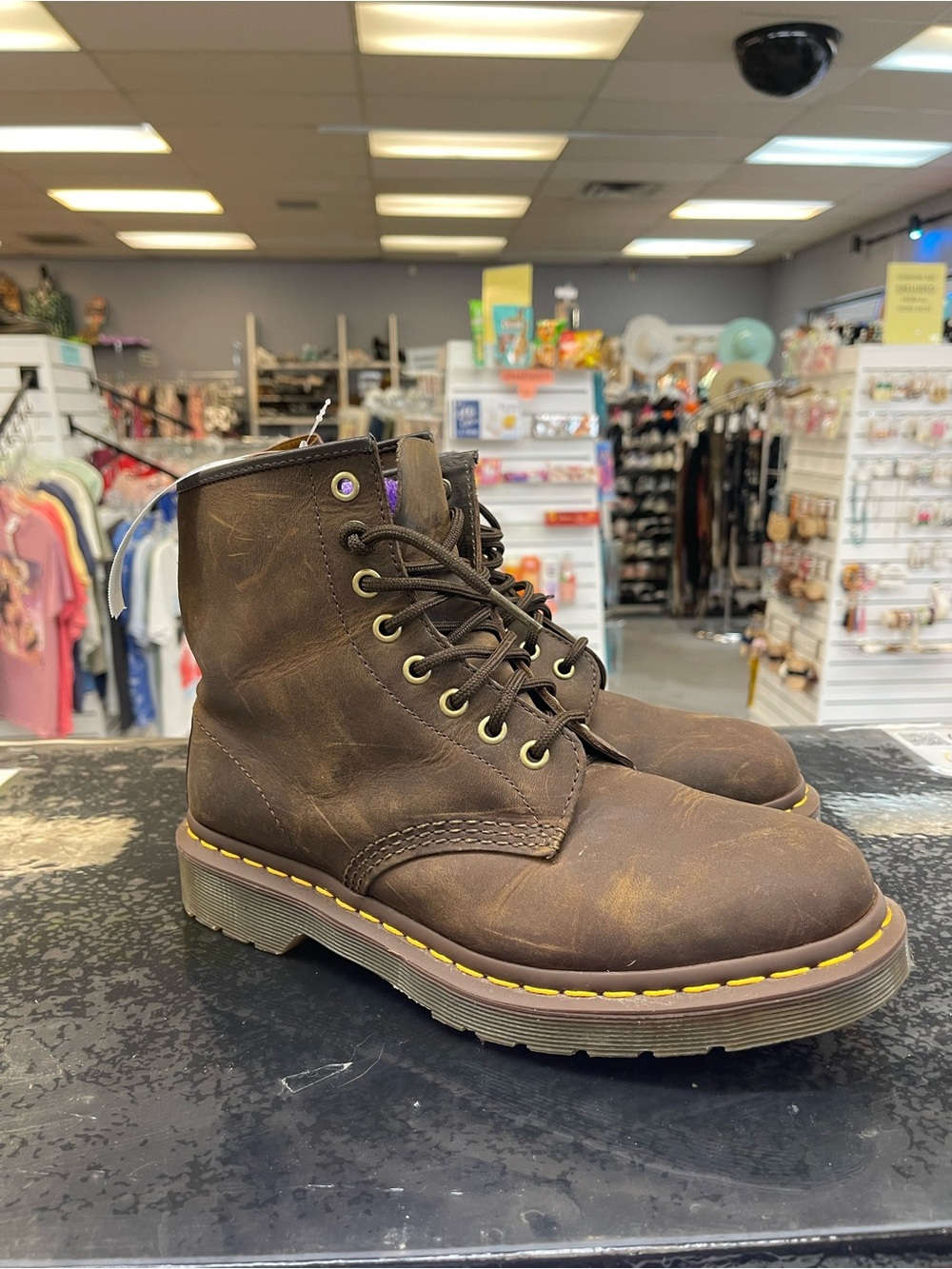 Dr. Martens Brown Leather Lace-Up Ankle Boots with Yellow Stitching